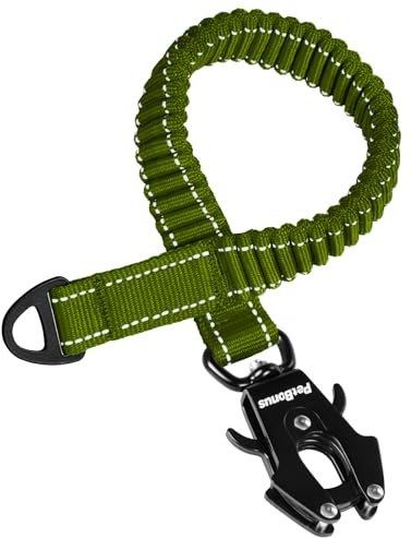 PetBonus bungee koppelförlängare, 45 cm stötdämpande koppelförlängare, kraftigt fäste för medelstora till stora hundar, reflekterande nylonkoppelförlängare för promenad, löpning, cykling (armégrön)