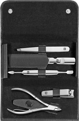 ZWILLING Maniküre-Set (5 teilig, Druckknopf Etui, Echtleder, ergonomisches Design, mit Nagelhautzange), Edelstahl Poliert , Schwarz