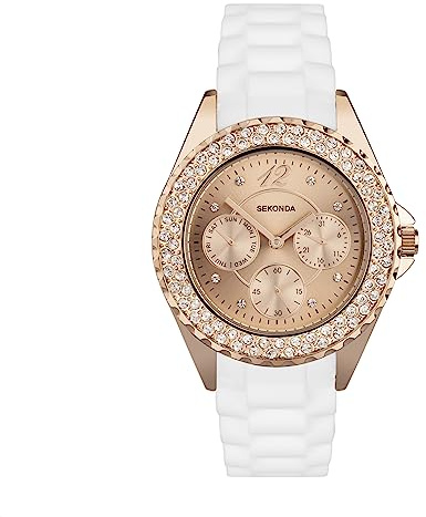 Sekonda 37mm Womens Classic Quartz Watch Rose Gold Dial White Silicone Strap Day Date Display 30m Water Resistant Mineral Glass 2-Year Guarantee