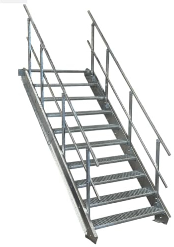 10 Stufen Stahltreppe mit beidseitigem Geländer/Breite 70cm Geschosshöhe 150-200cm / Robuste Außentreppe/Wangentreppe/Stabile Industrietreppe für den Außenbereich/Inklusive Zubehör