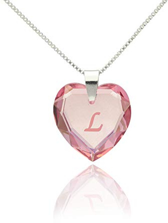 Damen Halskette 925 Silber mit SWAROVSKI ELEMENTS Herz Anhänger Rosé AB und Buchstabengravur A - Z, Herzkette als Geschenk für die Frau, Freundin oder zum Valentinstag