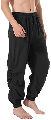 perdontoo Mens Casual Cotton Linen Pant Elastic Waist Drawstring Yoga Jogger Pants, Black, 3X-Large