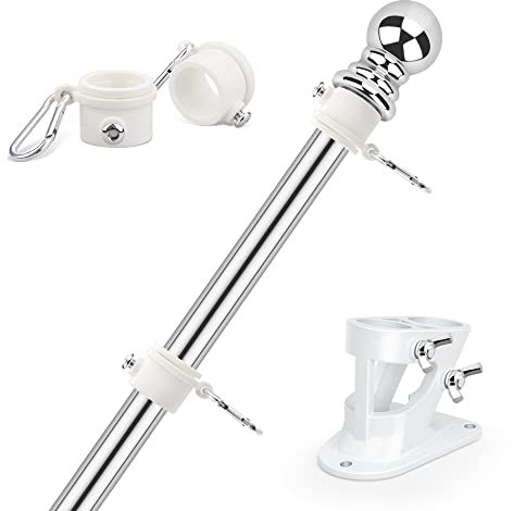 BonyTek Flaggstång kit, 1,8 m flaggstång för amerikansk flagga, rostfritt stål väggmonterade flaggstänger med fäste och ringar för hus, gård, trädgård, utomhus, bostäder eller kommersiellt (silver)