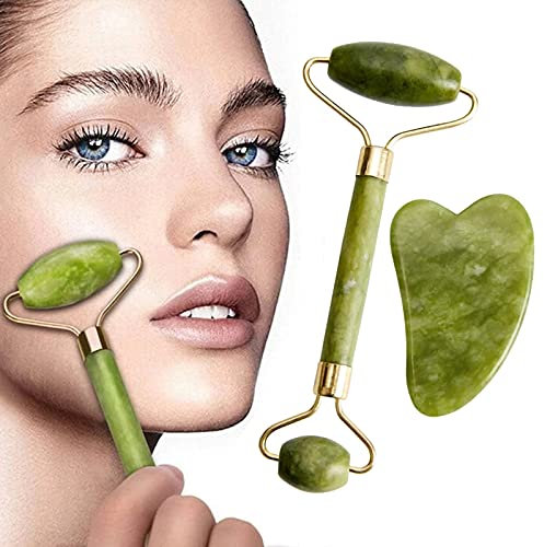 BAQI Jade Roller & Gua Sha Set, Natural Green Slimming Facial Skin Roller Massager Tool for Eye Puffiness Treatment, Skin Tightening, Rejuvenate Face & Neck