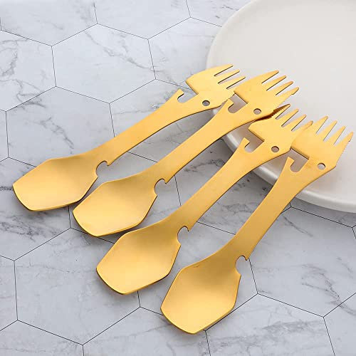 YDware 4 in 1 Camping besteck Edelstahl, Multifunktionales Outdoor Besteck Gabel Göffel Messer Flaschenöffner, geeignet für Outdoor-Reisen 4er-Set Silber