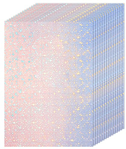 Holografisches Aufkleberpapier, transparent, A4, Vinyl, selbstklebend, wasserdicht, transparente Folie, Edelsteinpunkte, Regenbogen-Stern, Schleife, Herz, Schnee, Muster, 36 Blatt, 29 x 21,6 cm