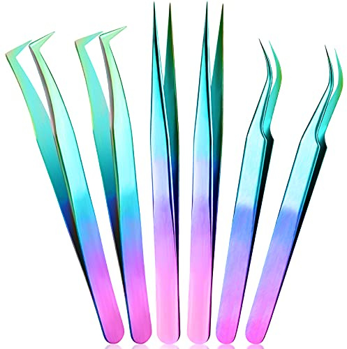 Mudder abc1234 6 Pièces Pince à Épiler Extensions de Cils, Droite en Acier Inoxydable Incurvée Cils Volume Individuel Brucelles d'Isolement (Arc-en-Ciel)
