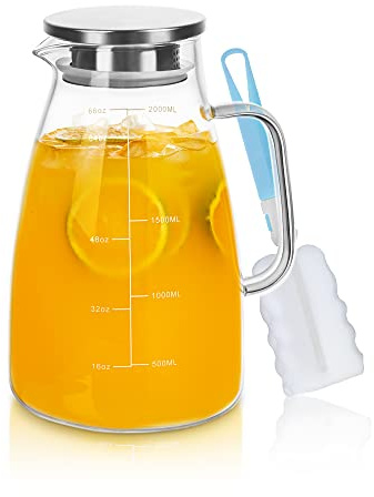 Water Jug, 2L Glass Jug with Lid and Scale Line - Heat Resistant Glass Pitcher Jug Water Carafe - Iced Tea Pitcher for Juice, Lemonade, Hot/Cold Beverages - Including Cleaning Brush