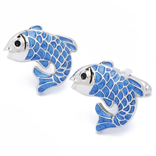 Boutons de manchette - Poissons Argent émail Bleu