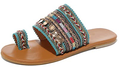JFISQ Boho Zehenring Flip Flop Sandalen 2022 Handgemachte Böhmen Stil Frauen Sandalen Casual Offener Zeh Streetwear Mode Strandschuhe Plus Größe Outdoor Slides Sandalen,Grün,39
