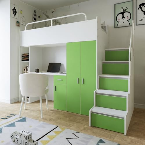 Marlux-Meble Hochbett Kinderbett JSM-4 90x200 mit Kleiderschrank Schreibtisch und Treppe Matt Kinderbetten Funktionsbett Etagenbett Stockbett Kinderhochbett Jugendhochbett (Limette Matt)