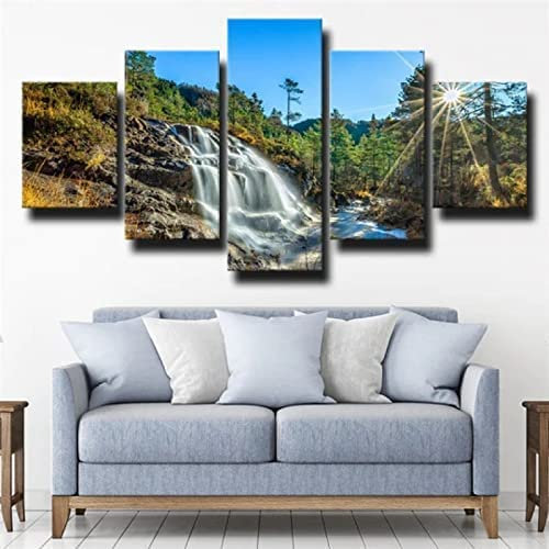 5 Teilig Leinwand Wanddeko Sonnenuntergang Blick Auf Die Berge Wasserfall Hd Bilder Leinwanddrucke 5 Stück Leinwand Bilder Gemälde Modern Wohnzimmer Wohnkultur Geschenk Ohne Rahmen: 200 X 100 Cm Schl