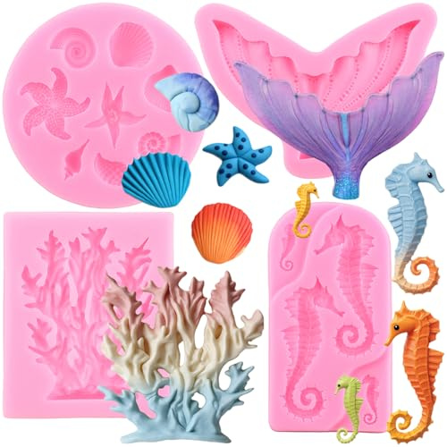 RFGHAC Meerjungfrau Thema Kuchen Fondant Form Seepferdchen Muschel Seestern Meer Koralle Meerjungfrau Schwanz Silikonform für Kuchendekoration Schokolade Süßigkeiten Polymer Clay Gummipaste Cupcake