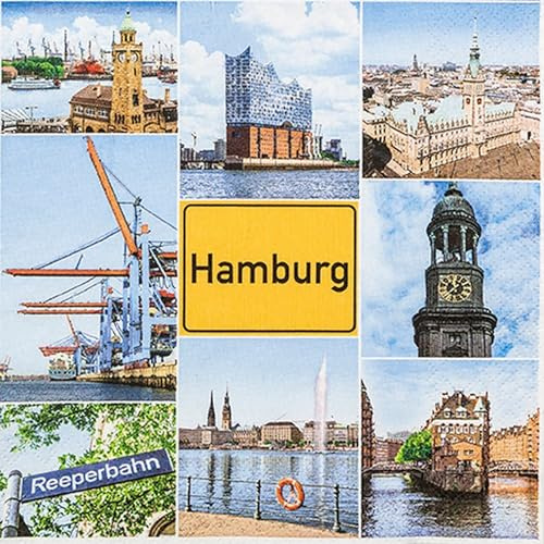 20 Servietten Städte Hamburg im Postkarten-Stil als Tischdeko. Papierservietten mit Motiv. Auch für Decoupage und Serviettentechnik 33x33cm