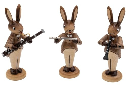Seiffener Volkskunst Bernd Zschorn | Osterhasen Hasentrio | Ostern Osterschmuck Osterdeko aus dem Erzgebirge | 8 cm | 3er Set | mit Holzblasinstrumente
