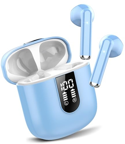 Jesebang Trådlösa bluetooth-hörlurar, 2024 Bluetooth 5.3 HiFi Stereo, trådlösa hörlurar med ENC Mic, Bluetooth Sport Headset, 30 H LED-skärm, IP7, vattentät, blå