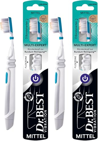 Dr.BEST Vibration multi expert Zahnbürste, Mittel (1 Stück), für eine gründliche 3-Zonen-Reinigung mit der Kraft von 20.000 Vibrationen pro Minute (Packung mit 2)
