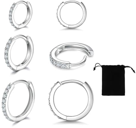 LICHUANUK 3 Paare Silber Creolen für Frauen - Titan Stahl Mit Zirkonia, Sleeper Knorpel (6/8/10mm)