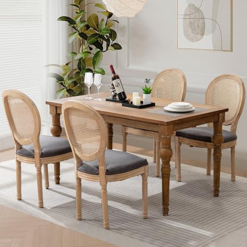 SoarTalent 4er Set Esszimmerstühle Rattan Ovalrücken, Dunkelgrau | Im französischen Landhausstil gefertigt, mit geschwungener ovaler Rückenlehne aus Rattan. Die gepolsterte Sitzfläche