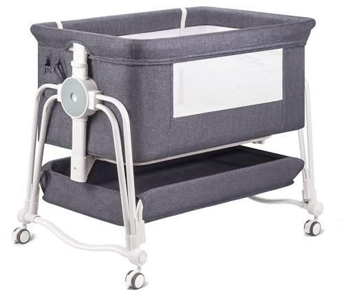 suihuooo 4 In 1 Beistellbett Baby, Reisebett Baby mit Matratze, Babybett 7 Fach höhenverstellbar mit Aufbewahrungskorb & Tragetasche, Licht Kinderbett mit Rollen, Matratze und Moskitonetz（Grau）