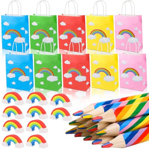 Unvtap 30 Stück Regenbogen Mitgebsel Set 10 Regenbogenstift mit 10 Regenbogen Radiergummis und 10 Geschenktüten, Geschenktüten Mitbringsel Dreikant Buntstifte für Malen