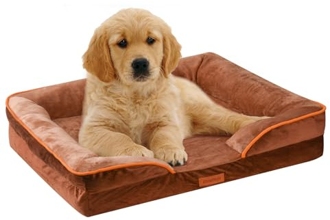 AUSCAT Small Orthopedic Dog Bed, Memory Foam Dog Bed with Waterproof Lining, Three-Sided Bolster Cushion with Washable Removable Cover, 60L x 45W x 15H cm, Brown