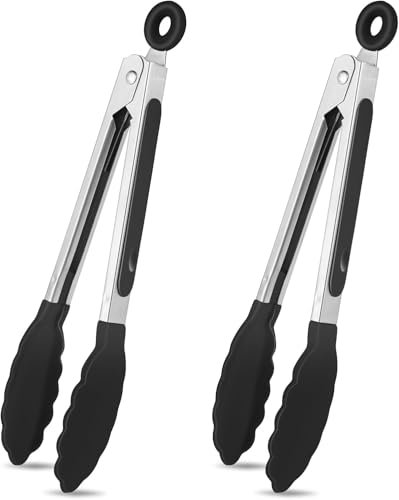 MAEXUS 2 Stück Silikon Zange Küch,Zange Küche, Kitchen Tongs, Zange für Heißluftfritteuse, Küchenzange Silikon, Küchenzangen mit Rutschfeste Silikongriff (Schwarz)