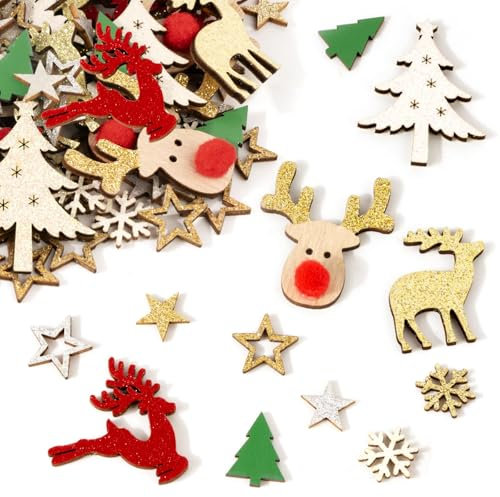 BOFUNX 120pcs Ornamenti Natalizi in Legno Decorazioni Natalizie con Glitter Addobbi di Natale Fai da Te Artigianato Albero di Natale Fiocco di Neve