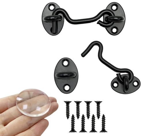 Set di 2 ganci a forma di tempesta con occhiello, in acciaio inox-nero, per porta a battente, in legno, per porta del fienile, con 8 viti di montaggio (7,5 cm), 1 tondo in silicone anti collisione