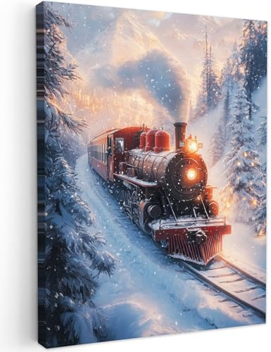 MuchoWow© Cuadros Decoracion Salon Modernos Dormitorios Cuadro Decorativos | 30x40 cm - de Lienzos Decorativo Decoración Cabecero Cama Tren Navidad - Nieve - Invierno