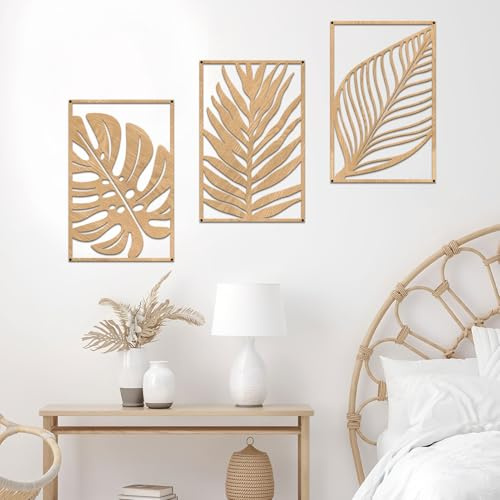Resama 3 Stück Boho Metall Wandkunst Dekor Blatt Schild Wand Vintage Tropische Pflanze Wand Rustikale Palmblatt Metall Wandskulptur für Wohnzimmer Badezimmer Schlafzimmer Büro (Eiche)