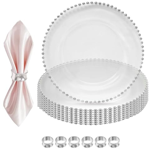Event Decor Shop Glass Charger Plates & Silver Napkin Rings, Set of 6 | Set Includes Clear Glass Charger Plates With Silver Beaded Rims And Hammered Napkin Rings For Elegant Table Settings