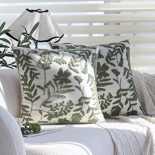 2 Pack 18x18 Inch Velvet Pillow Covers w/ Botanical Embroidery Green Plant Leaf / Floral Stitched Cushion Covers for Couch, Farmhouse, Boho Living Room Decor, Cozy Home Decorative Pillowcases 45x45cm