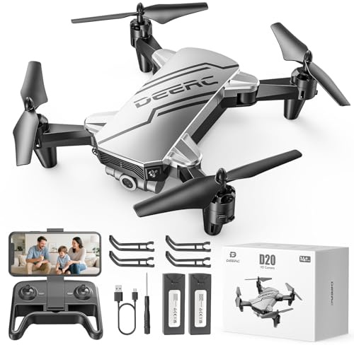 DEERC Mini Drone avec caméra quadricoptère 1080P pour enfants ou adultes avec 2 batteries, pliable, commutation automatique de la souris, contrôle vocal/gestuel, contrôle de la vitesse D20 Bleu