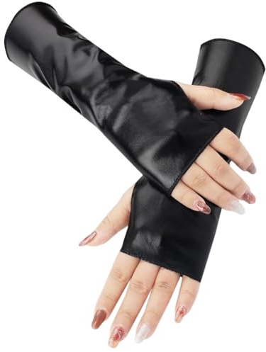 CALFOVERA Fingerlose Handschuhe für Damen Glänzende Metallische PU Leder Lange Halloween Handschuhe Silberne Stulpen Gothic Punk Sexy Party Kostüm Armwärmer Armstulpen Für Rock Und Bühnenauftritte