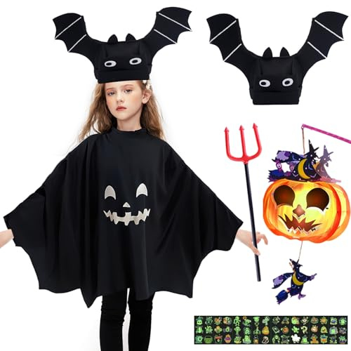 5pcs Costume Halloween Bambino, Costume Fantasma Bambino, Vestito Halloween Fantasma con Cappello da Pipistrello Borsa Forchetta da Diavolo e Adesivi Tatuaggi per Festa di Halloweens Carnevale Cosplay