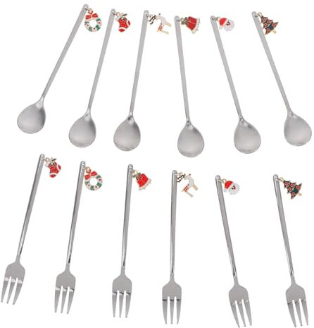 Ciieeo Set di 12 Pezzi di Posate in Acciaio Inossidabile per Feste Natalizie, Cucchiaini da Caffè Decorativi e Forchette da Dessert dal Design Raffinato, Facili da Pulire