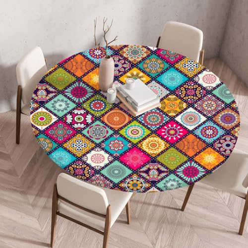 Boho Tischdecke Rund 130cm, Outdoor Gartentischdecke mit Gummizug | Abwaschbar Tischdecke Mandala Farben, für Garten, Balkon, Küche Style 4