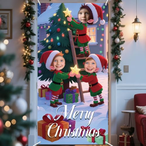 WADORN Cartel de puerta con fotos de Feliz Navidad, 2.9 x 5.9 pies, telón de fondo de fotografía de fiesta de Navidad de invierno, telón de fondo grande de tela con cara de elfos en el agujero para