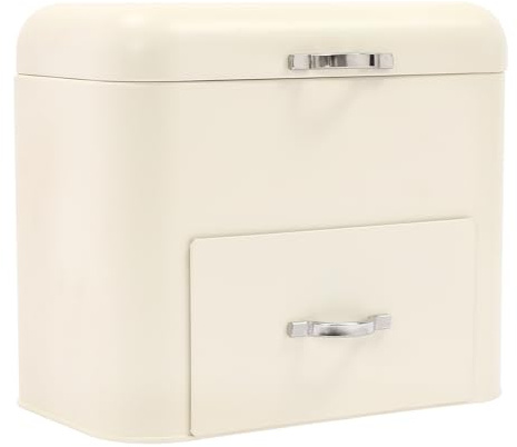 gegeweeret Metal Bread Boxes 2-Layer Bread Bins for Kitchen, Corner Bread Bin with Top Lid and 2 Drawers for Fresh Loaves, Cookies, Pastries, 30×20.5×26.5cm (Milky White)