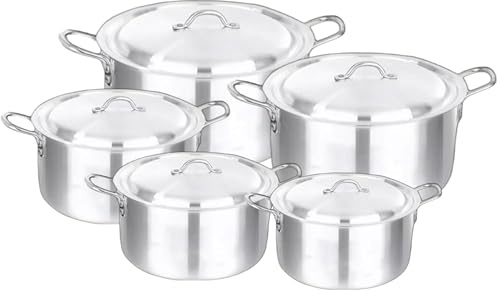 Reldor 10 Piece Aluminium Cooking Pot Set with Lids, Durable Stock Pot for Kitchen, Stackable & Easy-Grip Handles, Even Heat Distribution, Dishwasher Safe - Ideal for Home, Restaurant & Catering Use