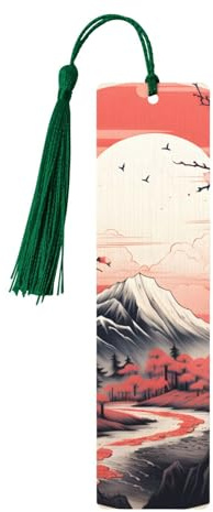 Japanisches Fuji-Lesezeichen Kirschblüten-Sonne Holz-Lesezeichen mit Quaste, Lesezeichen für Frauen und Männer, Lese-Seitenmarkierungen, Geschenke für Buchliebhaber