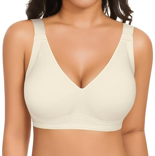 UMIPUBO Sujetador sin Aros Mujer Sujetadores Push Up sin Costuras con Relleno Básicos Bralette Cuello en V Sexy Suave Comodos Sostenes Cobertura Completa Tipo Dormir Diario Bra (Beige, XL)
