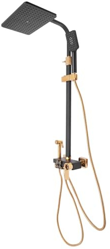 Jiumxliu Thermostat Duschsystem mit Brausegarnitur Duscharmatur Komplettset Wand Duscharmatur Komplettset Duschsystem mit Thermostat Edelstahl Regendusche 3 Strahlarten Duschkopf in Schwarz-Golden