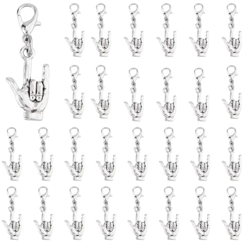 DICOSMETIC 60Pcs Antique Silver Love Sign Charm I Love You Hand Sign Charms 3.5cm Long Small Hand Charms Pendant with Lobster Claw Clasps for Bracelet Necklace Jewelry Making