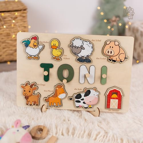 CRAFTNEZ Personalisiertes Namenspuzzle aus Holz – Montessori Steckpuzzle mit Wunschname & Motiven Geburt, Taufe & 1. Geburtstag – Lernspielzeug ab 1 Jahr - Made in EU