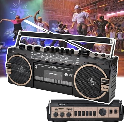 Boombox portátil con Bluetooth, AM/FM/SW1-2 de Tres Bandas, con Altavoz Grande, Conector para Auriculares, Puerto USB y grabadora de Cinta con Entrada Auxiliar.,A