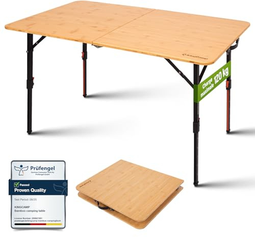 KingCamp fällbart campingbord med 100 % bambu topphöjd justerbar, 120 kg kapacitet – slitstarkt bärbart bord för utomhusbruk, camping, trädgård