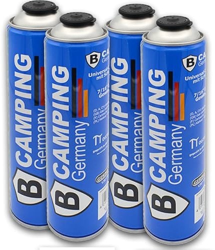 TruWare Just Camp Gaskartusche Butan Universal mit Schraubventil 330g für Gaskocher, Gasbrenner, Campingkocher und Lötgeräte mit 7/16 EU (UNEF) Schraubventil-Anschluss (4 Stück)