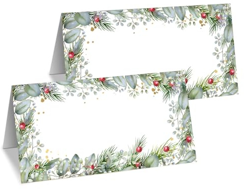 Tischkarten Weihnachten für Namen - 20 Platzkarten zum Beschriften - Eukalyptus Beere - weihnachtliche Namenskarten für Weihnachtsessen, Advent, Familie, Festtage, Weihnachtsfeier